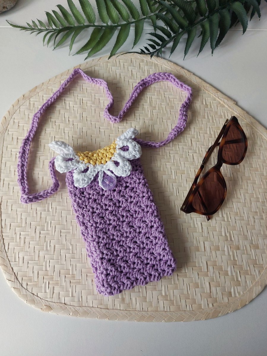 Crochet Cotton Daisy Glasses Case, Phone Case Lilac