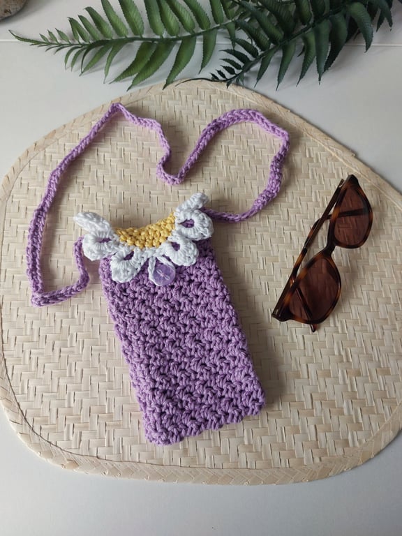 Crochet Cotton Daisy Glasses Case, Phone Case Lilac
