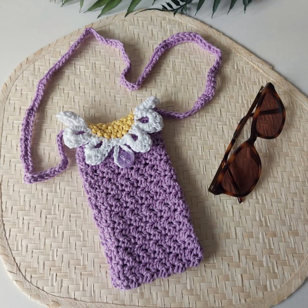 Crochet Cotton Daisy Glasses Case, Phone Case Lilac