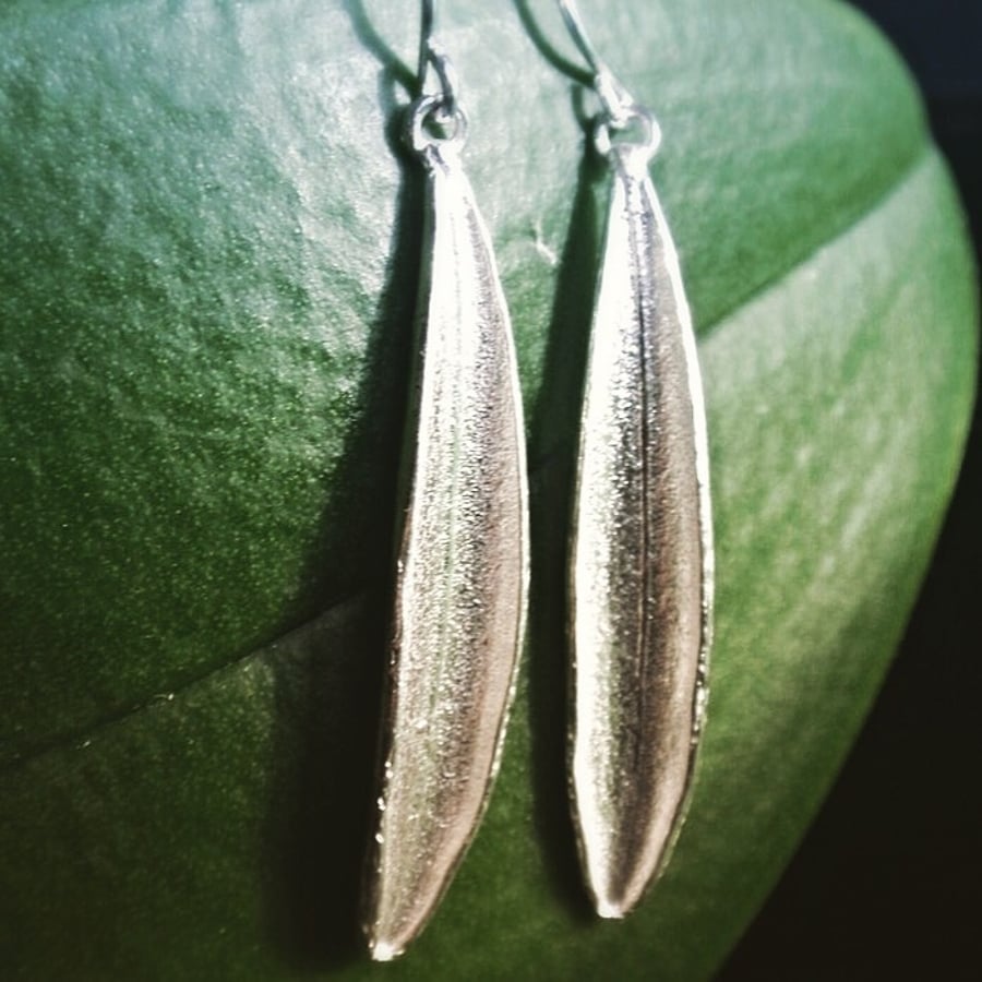 Sterling silver olive leaf earrings, dangle earrings - gift for her