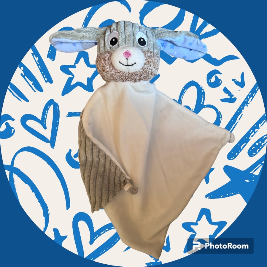 Personalised custom embroidered grey bunny rabbit with blue ears - comforter bla