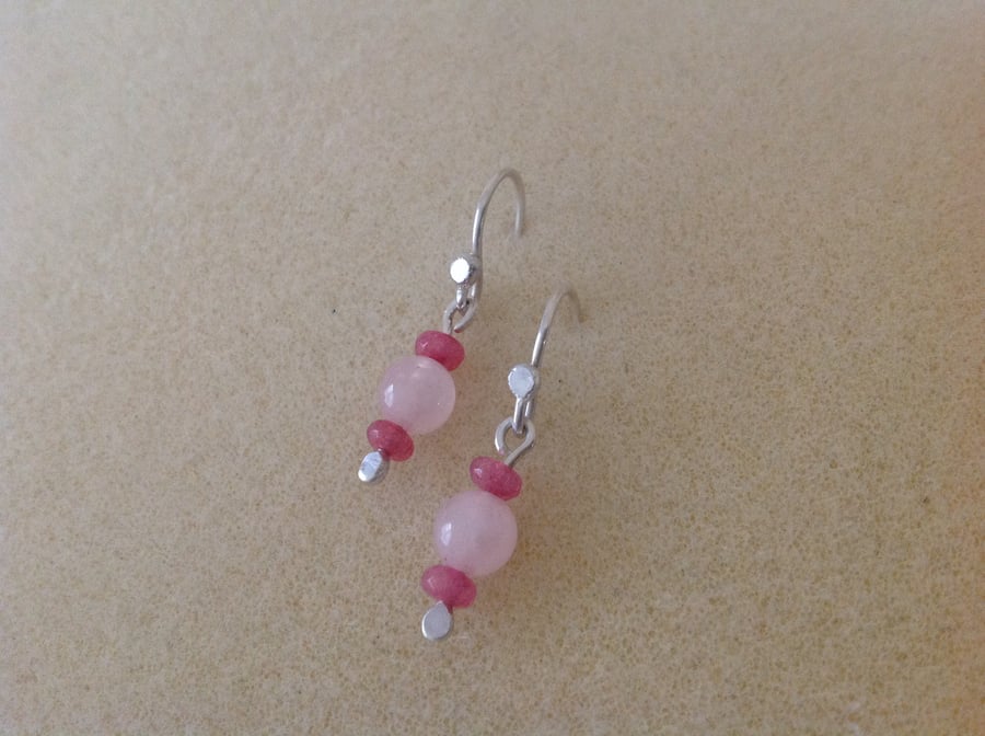 Rose and raspberry Quartz sterling silver dainty drop earrings