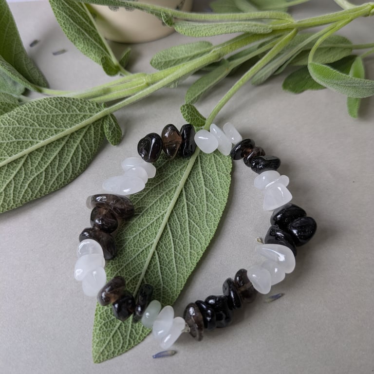 Overwhelm reducing bracelet with snow quartz and smoky quartz