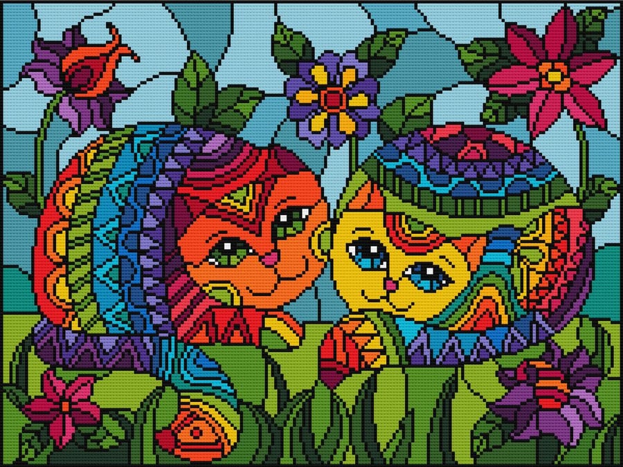 202 - Rainbow Cats in the Garden - Stained Glass Cross Stitch Pattern