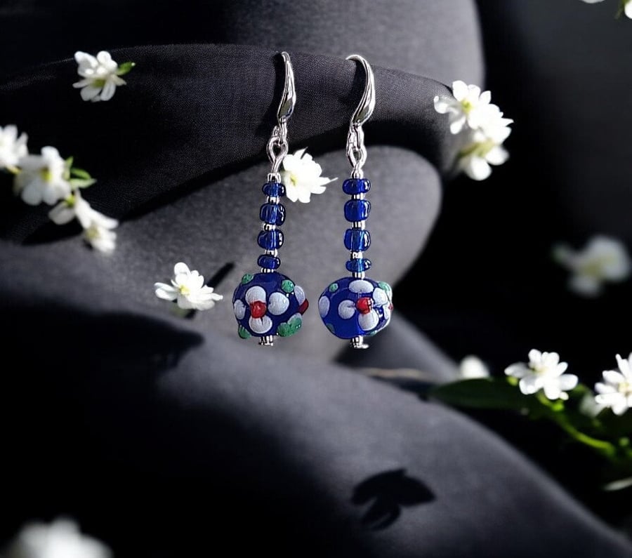 Lampwork flower earrings, unique earrings, special jewellery, blue earrings, flo