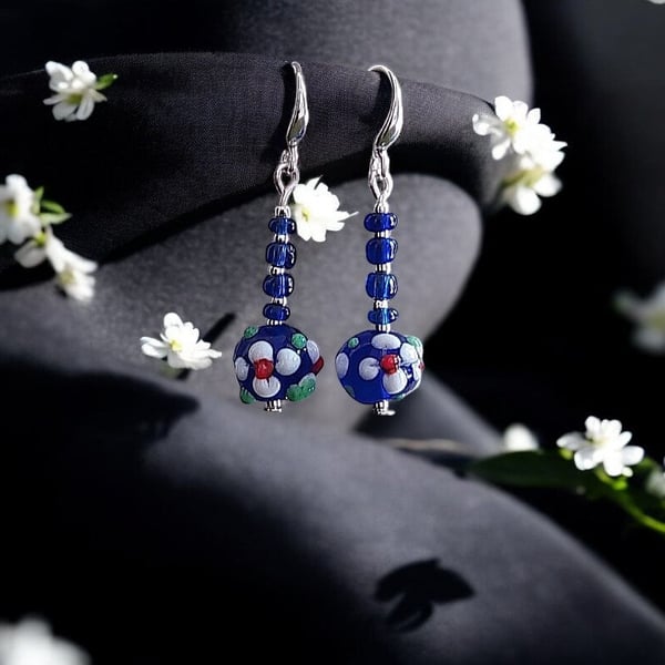 Lampwork flower earrings, unique earrings, special jewellery, blue earrings, flo