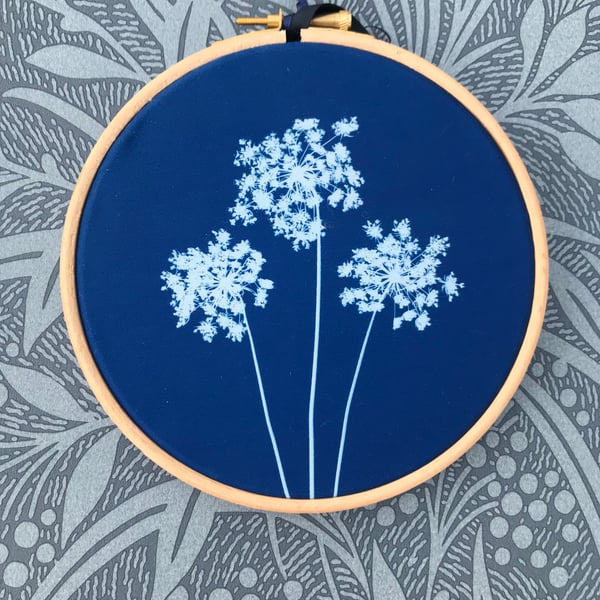 Wildflower Cyanotype in a Hoop.Lovely Gift