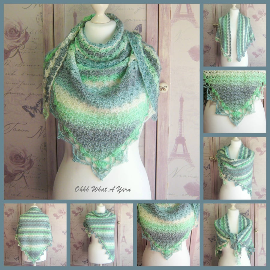 Crochet shawl, wrap in shades of blue, green, grey and cream.