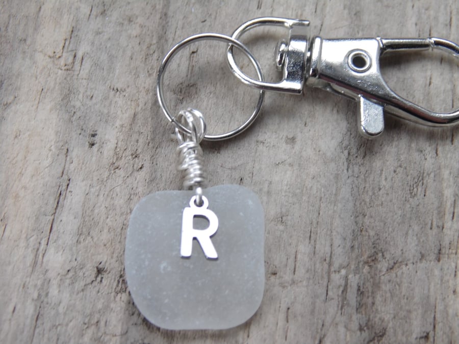 Initial 'R' White Cornish Sea Glass Bag Charm Keyring K592