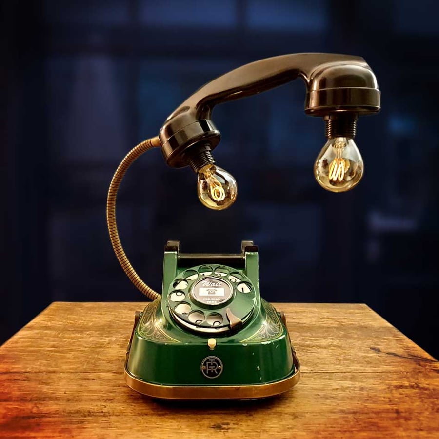 Upcycled Vintage Green & Brass Diecast Telephone Lamp