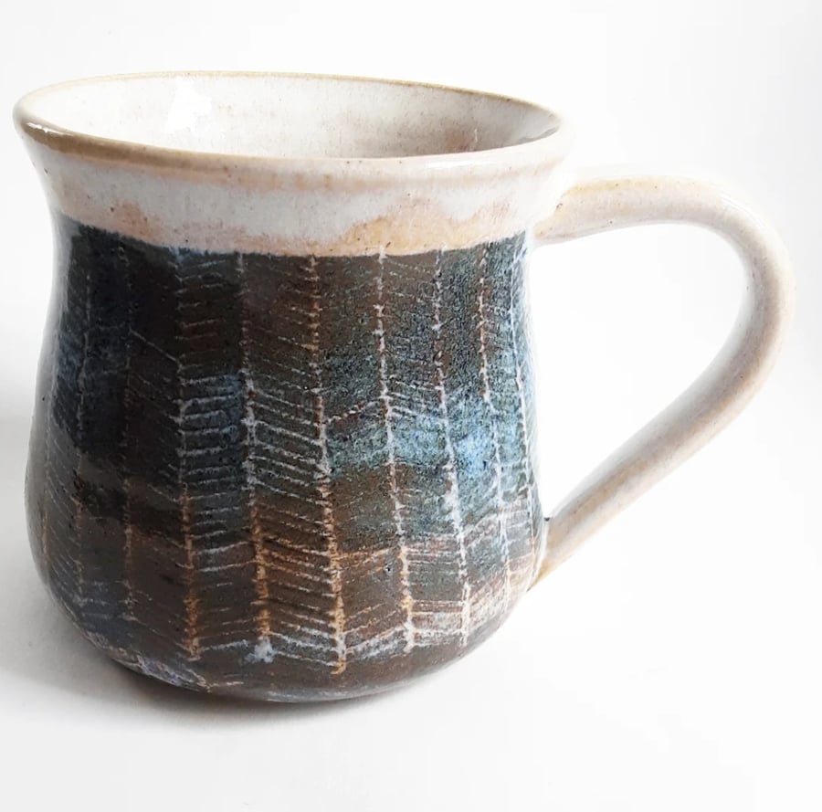 Large Blue and Oatmeal Patterned Mug - Hand Thrown Stoneware Ceramic Mug