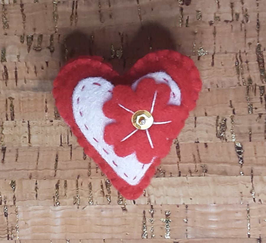 Heart, Red Felt with White Heart inset, & Red felt flower Brooch.
