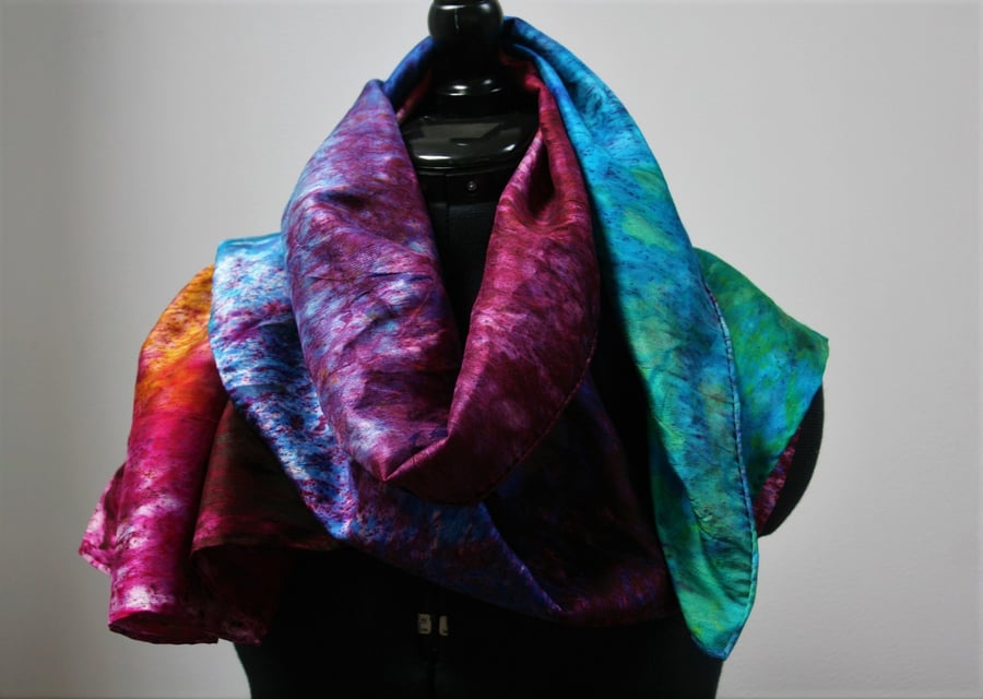 Silk hand dyed scarf, shawl or wrap - rainbow