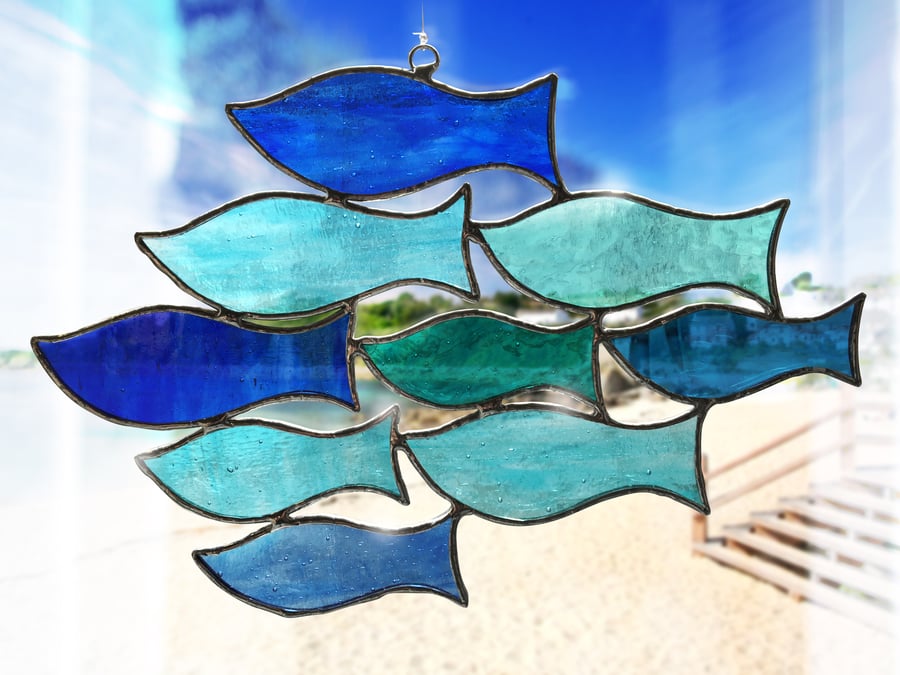 Fish Stained Glass Suncatcher - School of Fish - Handmade Large Sun Catcher