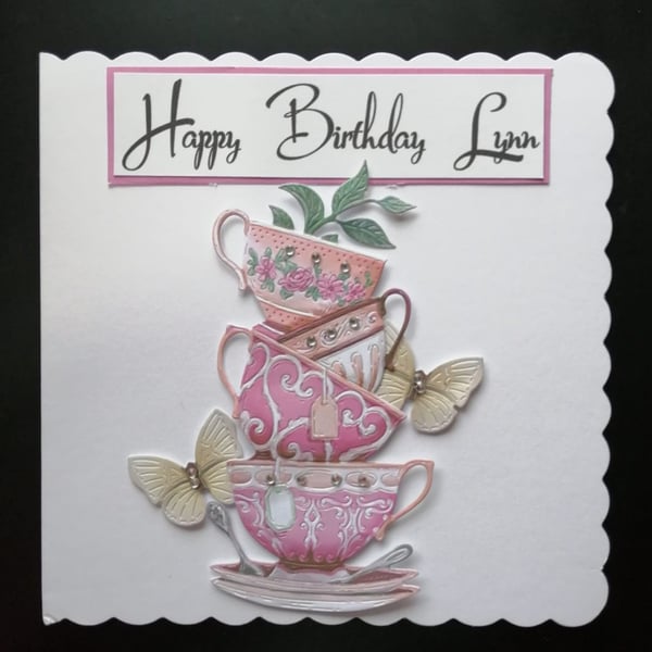 Personalised Teacups Birthday Card, Mum, Nan, Sister, Niece,Aunt, Cousin 