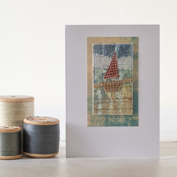 Blank Sailing Boat Mixed Media Textile Greetings Card 