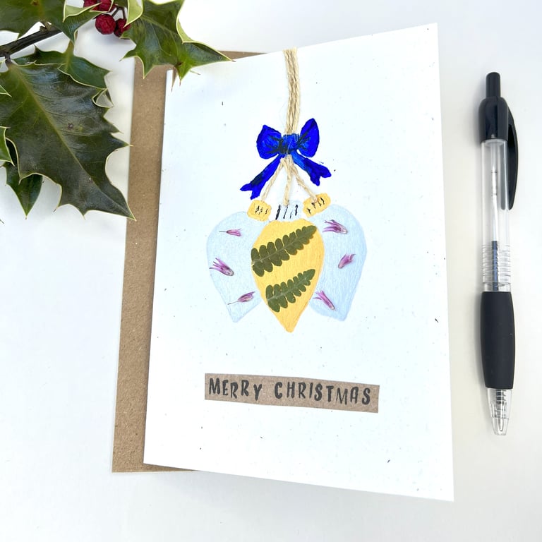 Hand Painted Christmas Baubles Christmas Card with Pressed Flower and Fern 