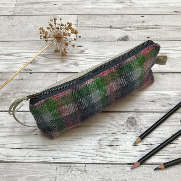 Hand Woven Wool Tweed and Scottish Linen Pencil Case, Brush Case, Cosmetic Bag