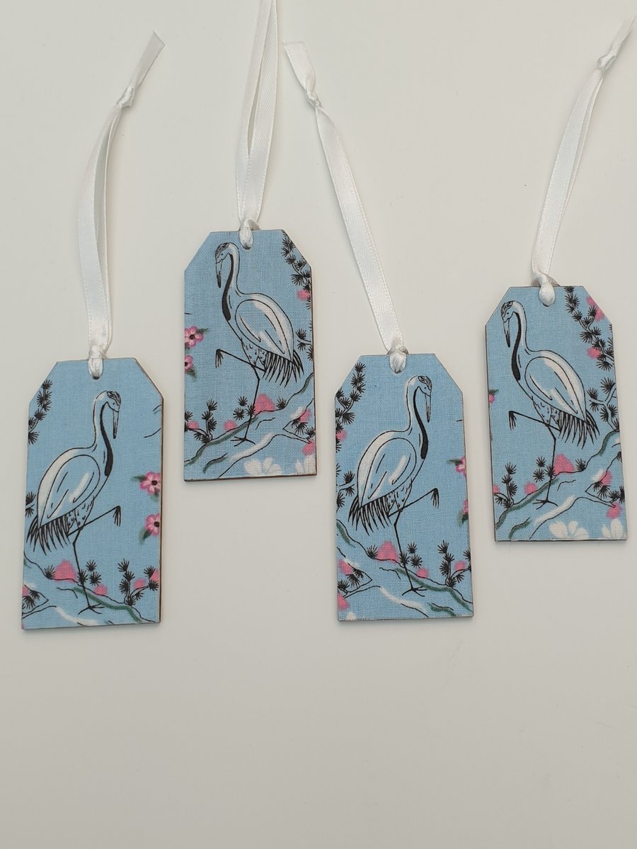 Bird wooden gift tags,  decoupaged labels, crane design 