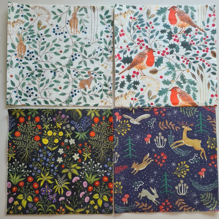 4 Paper napkins for decoupage woodland animal and flowers designs