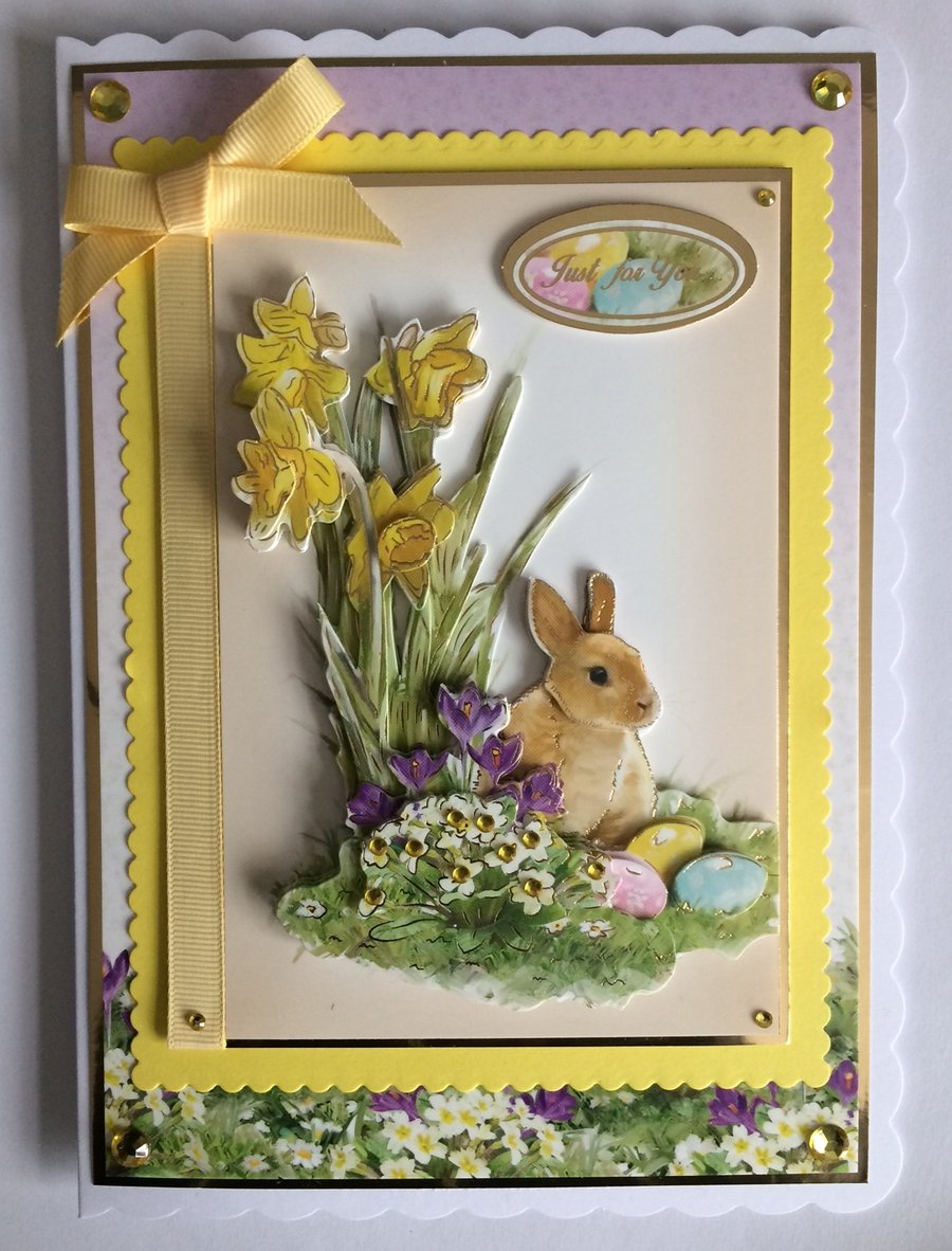 3D Luxury Handmade Card Easter To A Wonderful Friend Bunny Eggs Daffodils
