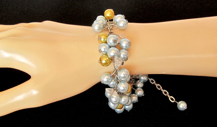 Cluster Bracelet with Light Blue & Golden Glass Pearls, Bridal Jewellery