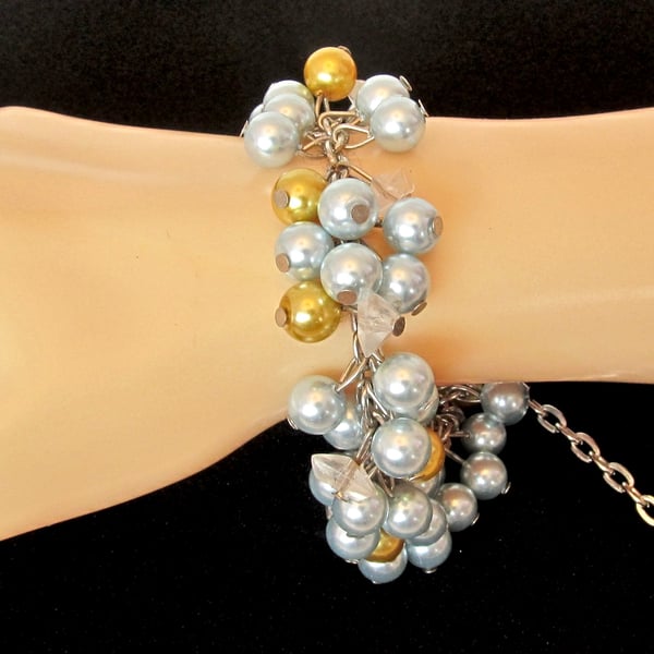 Cluster Bracelet with Light Blue & Golden Glass Pearls, Bridal Jewellery