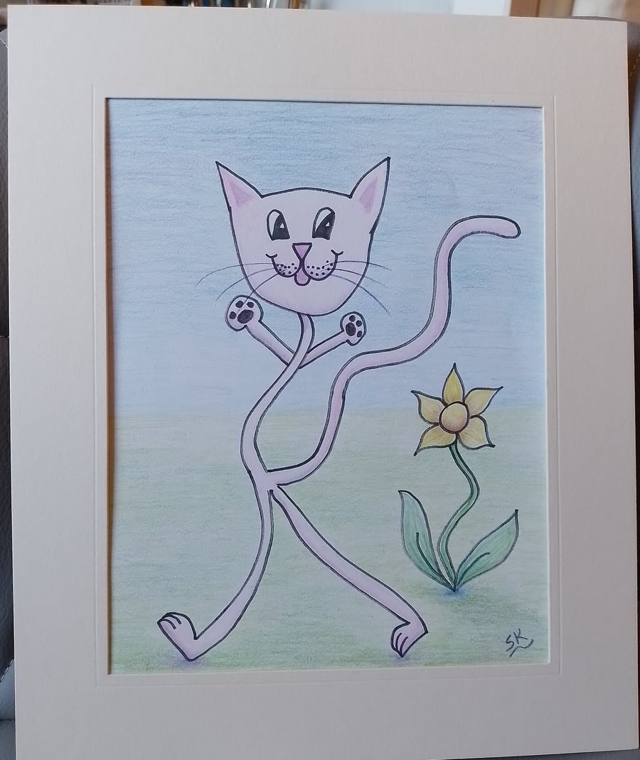 CrazyKytes Pink Cat 1 - Original Pencil Drawing in a cream mount