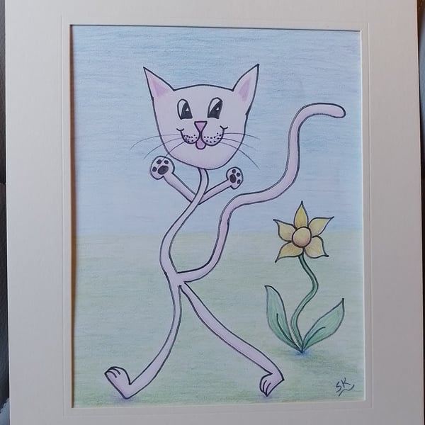 CrazyKytes Pink Cat 1 - Original Pencil Drawing in a cream mount