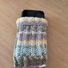 MOBILE PHONE SLEEVE 8x3.5" OR 20x9cm HAND KNITTED IN MULTICOLOURED YARN