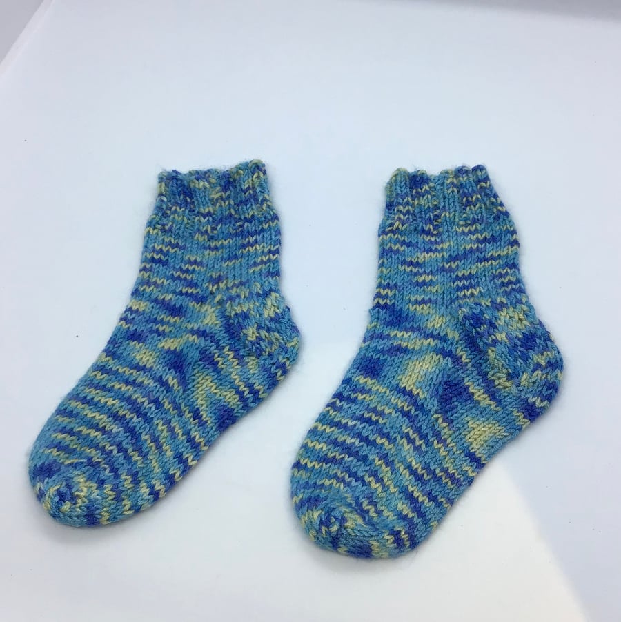 Hand Knit Baby Socks  6 months Blue mix vegan