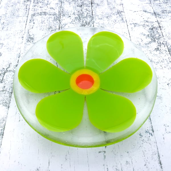 Fused Glass Retro Lime Green Flower Dish - Handmade Fused Glass Dish