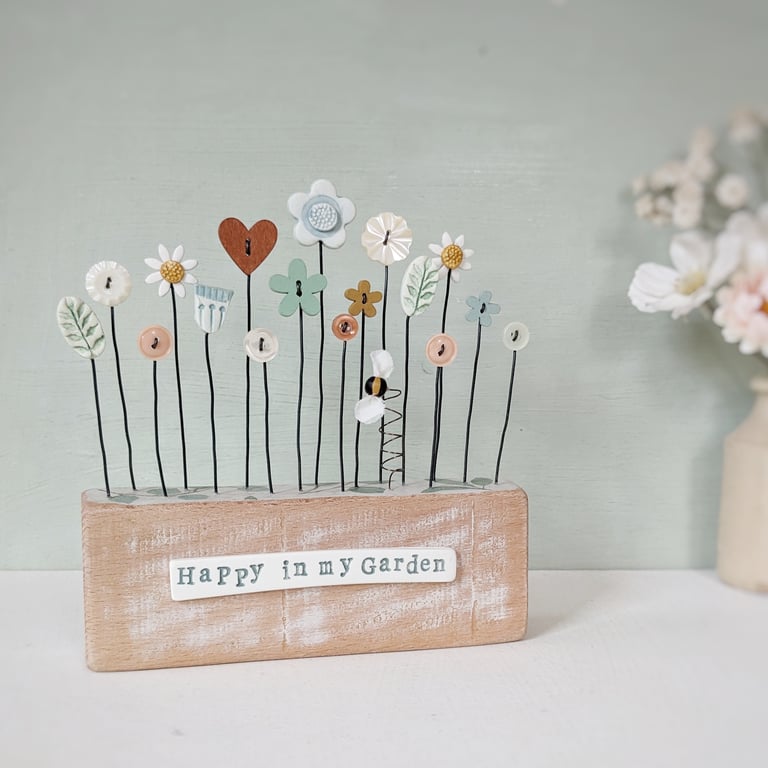 Perfectly Imperfect Clay and Button Flower Garden with Bee 'Happy in my Garden'