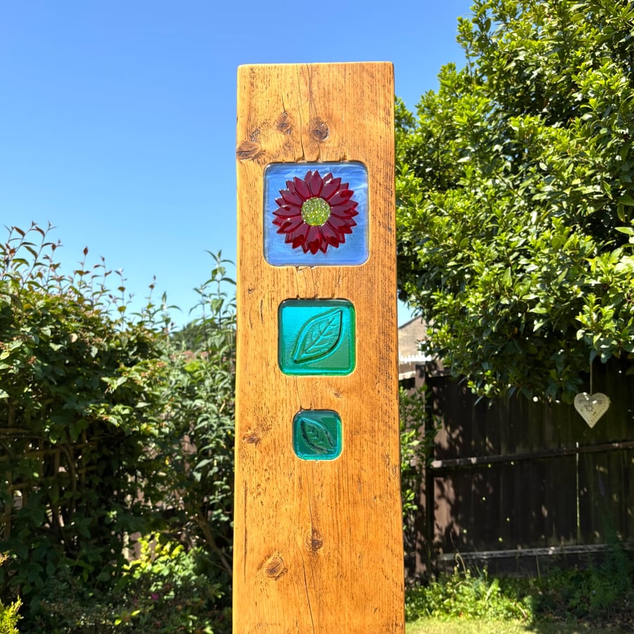 Fused Glass & Reclaimed Wood Flower Garden Art 