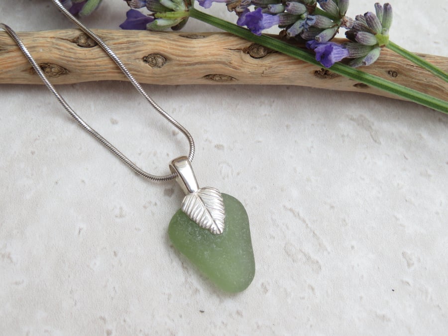 Sage Green Sea Glass Necklace Sterling Silver Leaf Bail