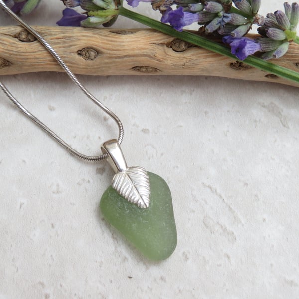 Sage Green Sea Glass Necklace Sterling Silver Leaf Bail