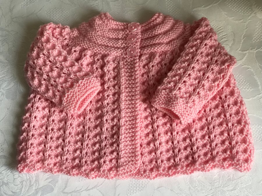 Hand Knitted Candy Pink Matinee Cardigan Fits 0 - 3 Months