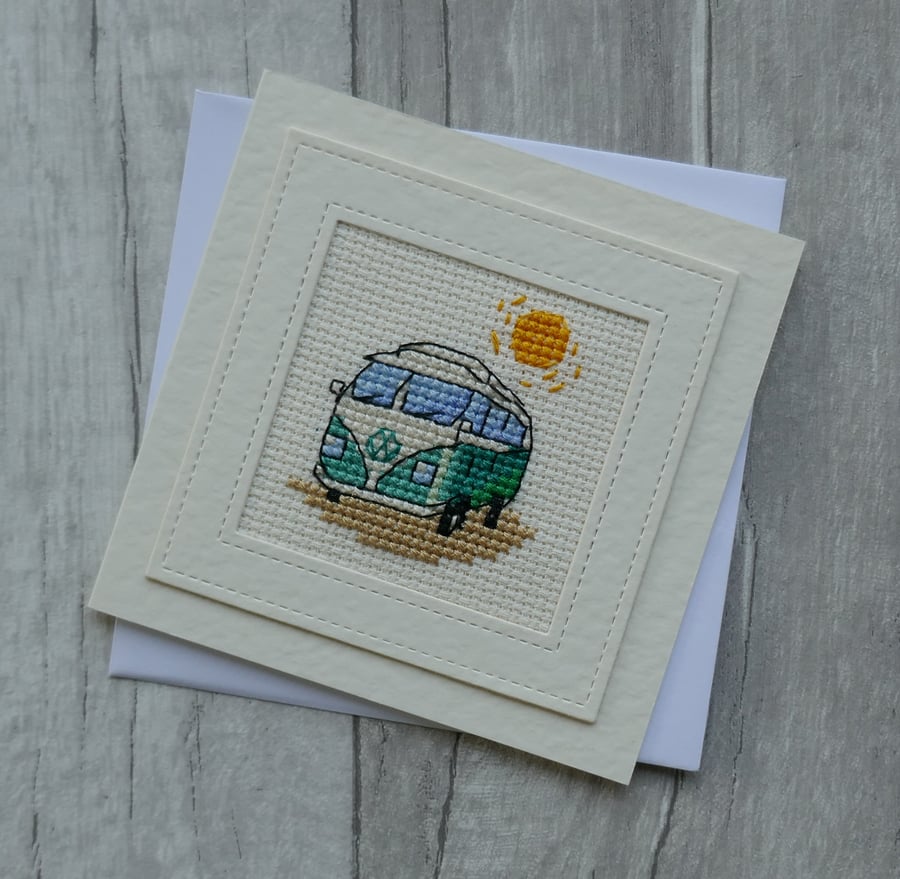Cross Stitch Green Camper Van - Blank Greetings Card