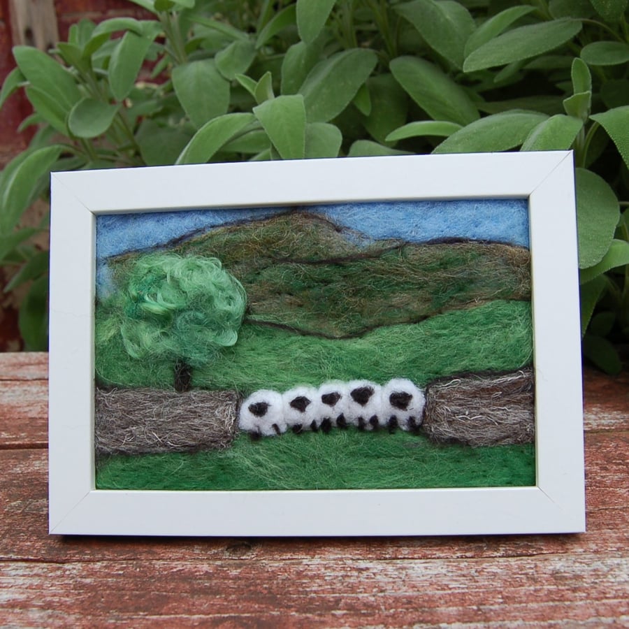 Five sheep stonewall wool painting.  Needlefelt picture