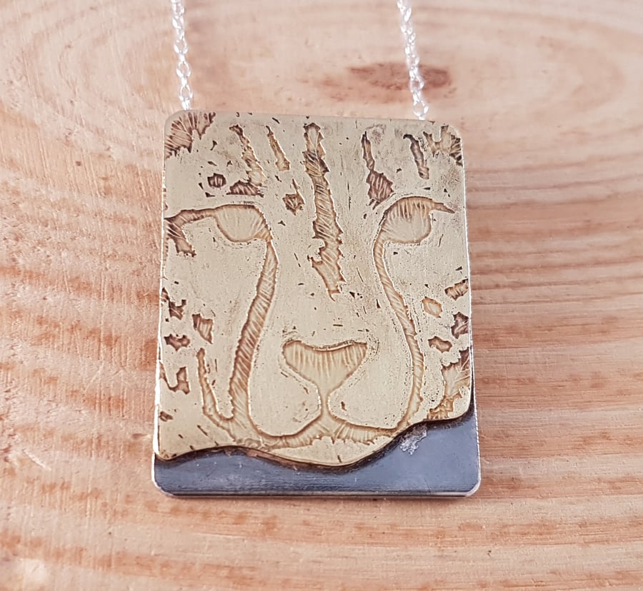 Sterling Silver and Brass Etched Cheetah Face Necklace