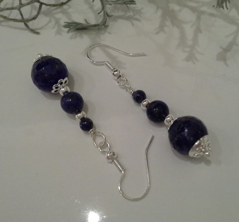 Blue Lapis Lazuli Earrings Silver Plate