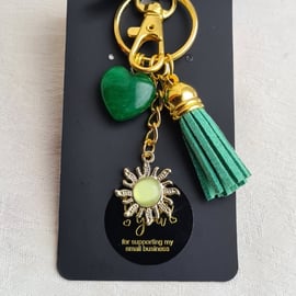 Brighter Days Keyring 5 - Light Green Sun, Green Tassel, Green Gemstone Heart.