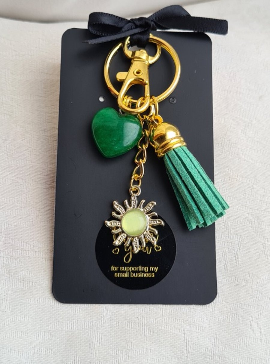 Brighter Days Keyring 5 - Light Green Sun, Green Tassel, Green Gemstone Heart.