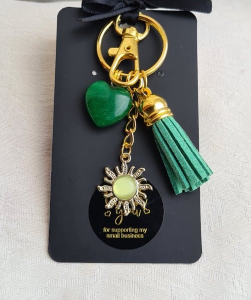 Brighter Days Keyring 5 - Light Green Sun, Green Tassel, Green Gemstone Heart.