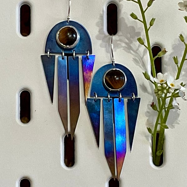 Blue titanium and tiger eye dangly earrings