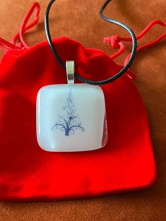 Unique Handcrafted Artisan Christmas Tree Pendant on Adjustable Black Necklace 
