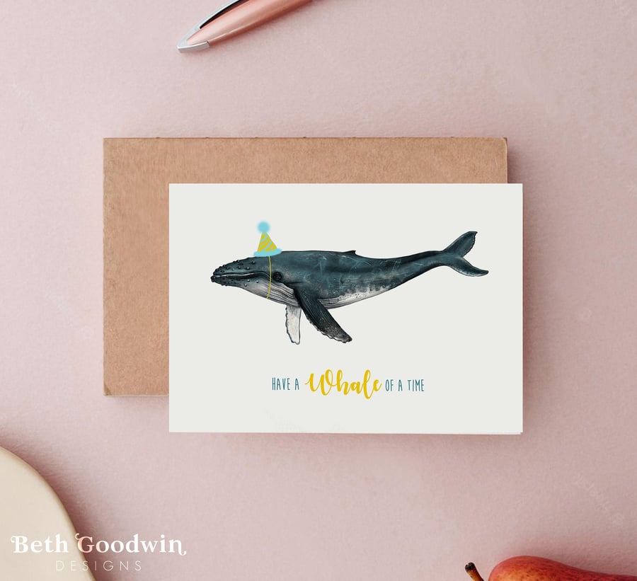 Whale Birthday Card - Cute Blue Humpback Whale Cards, Funny Sealife