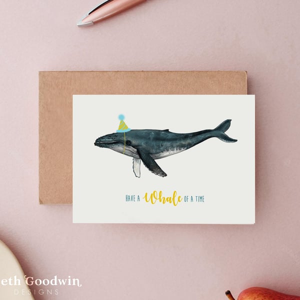 Whale Birthday Card - Cute Blue Humpback Whale Cards, Funny Sealife