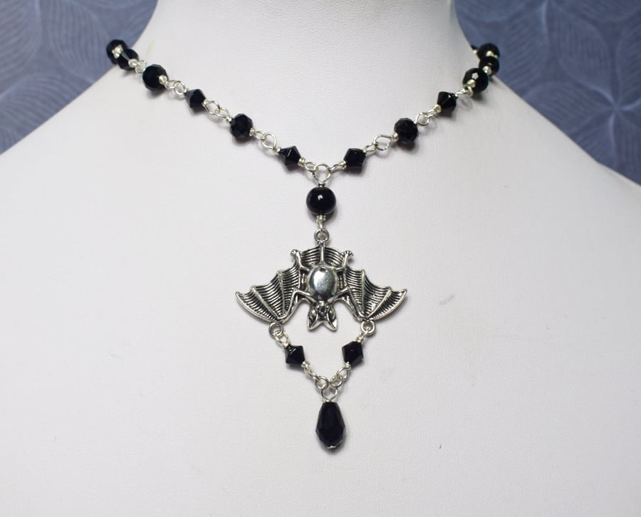 Bat Choker Necklace with Black Glass Beads