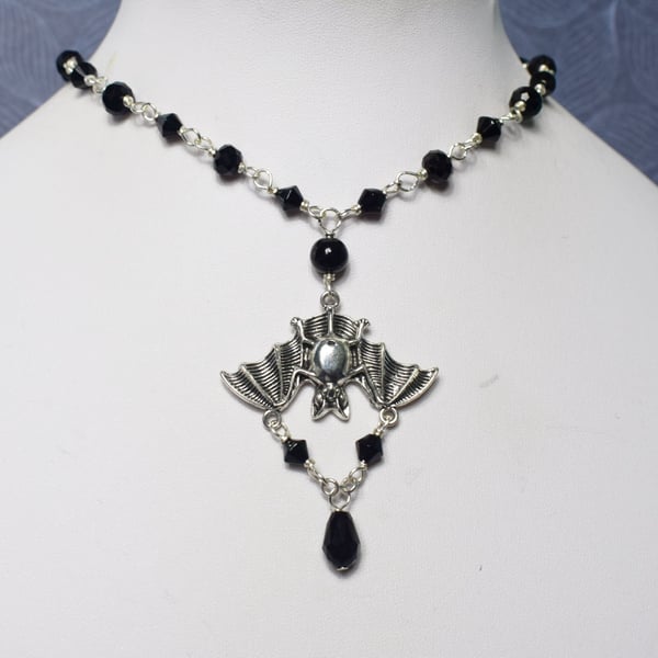 Bat Choker Necklace with Black Glass Beads